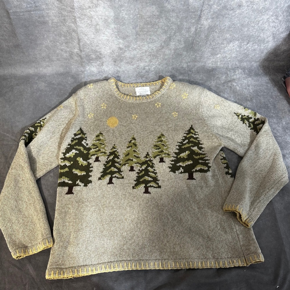 Christopher & Banks Vintage Embroidered Pine Tree Forest Moon Sweater Womens L